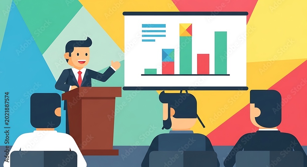 © Annisa - Businessman giving presentation to audience with bar chart on screen in meeting room with colorful geometric wall