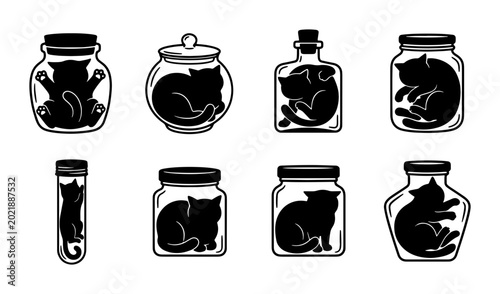 Foto Whimsical Black Cat Silhouettes in Glass Jars, Vector Icons Set: Spooky Hallowee