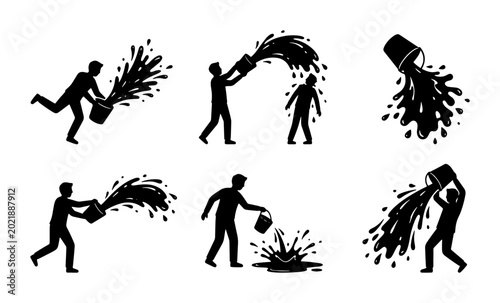 Bild auf Leinwand Black Silhouette Figures Spilling Paint Buckets, Abstract Splash Art, Dynamic Ac