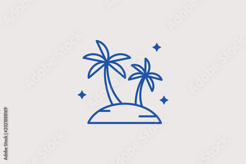 Fotografi Two palm trees on a desert island line icon for tropical getaways and exotic vacations