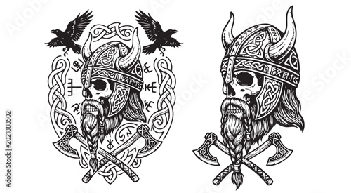 Cuadro en lienzo Viking warrior skull illustration with intricate Nordic designs