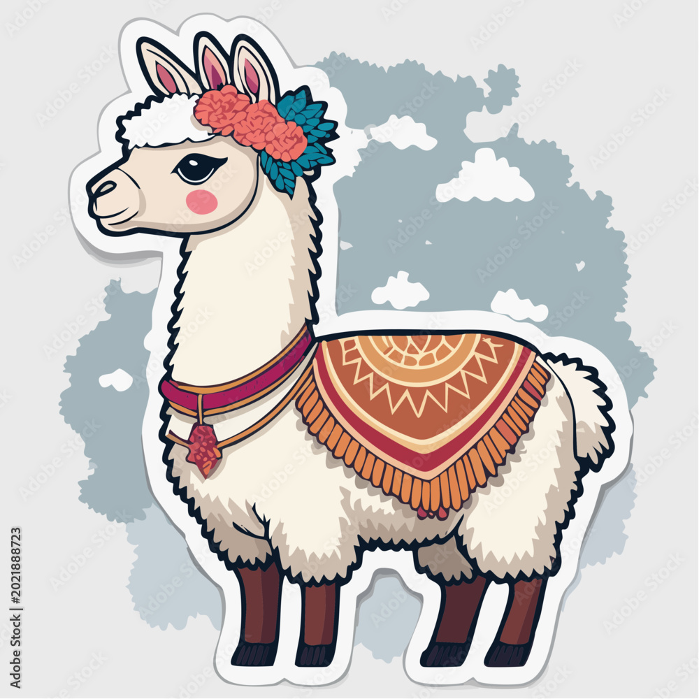 Obraz premium Cute Llama with Flowers and Blanket