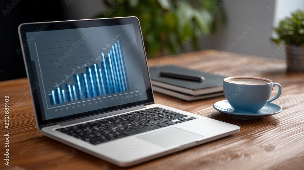Fototapeta premium Modern workspace with laptop displaying financial growth chart, coffee cup, and notebook, showcasing productivity and business success in a tranquil environment