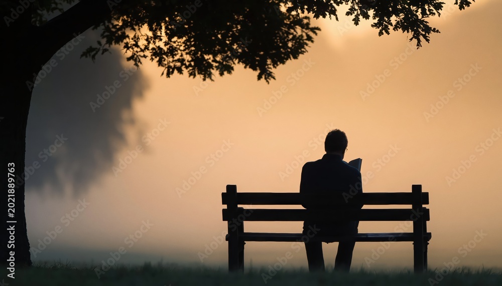 Obraz premium Silhouette of man reading book on park bench under large tree during misty sunrise.