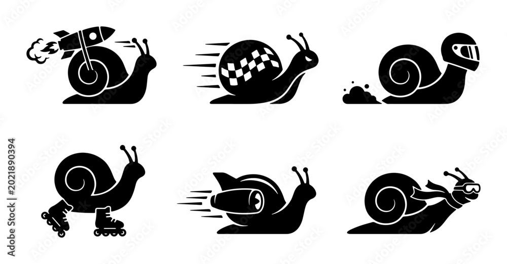 Fototapeta premium Speedy Snail Icons Set: Rocket, Taxi, Race Car, Roller Skates, Jetpack, and Formula 1, Vector Graphics for Fast Delivery and Performance Concepts
