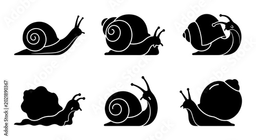 Bild auf Leinwand Six Silhouette Vector Icons of Snails, Gastropod Mollusks in Profile Views, Simp