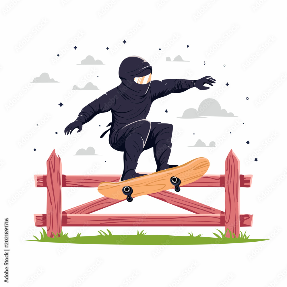 Fototapeta premium Skateboarder in Ninja Costume Jumping Over Fence