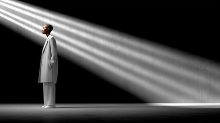 Single Figure Standing Inside Empty Concrete Room Dramatic Window Shadows Minimalist Architectural

