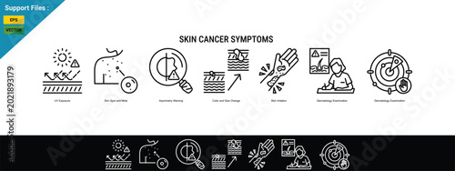 Skin Cancer Symptoms Concept with Melanoma Detection, Warning Signs and Dermatology Medical Illustration. outline icon set. Black Background With White.