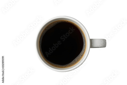 Black coffee in a white cup, top view of a hot morning beverage providing energy and a caffeine boost, transparent background