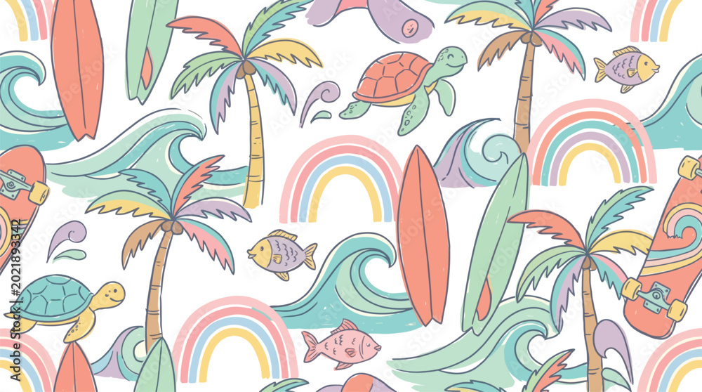 Obraz premium Seamless Retro Tropical Beach Pattern with Surfboards, Palm Trees, Waves, and Rainbows