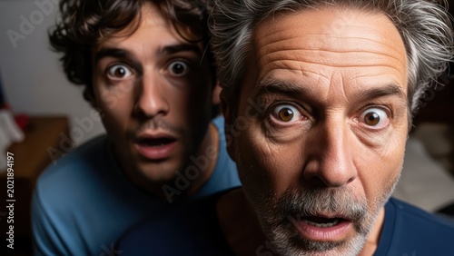Shocked father and son with expressions of disbelief and astonishment looking intensely