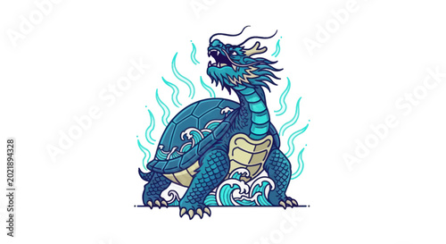 Cuadro en lienzo Mythical Water Dragon Turtle with Ocean Waves and Swirling Energy