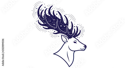 Billede på lærred Mystical Deer Head with Cosmic Antlers and Starry Mane