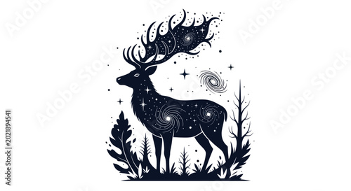 Фотография Cosmic Deer Silhouette with Galaxy Antlers and Stars in Forest - Mystical Wildli