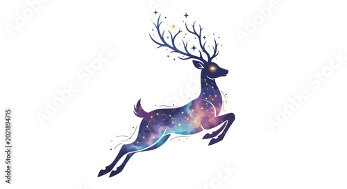 Obraz na plátne Magical Deer with Galaxy Antlers and Starry Body Leaping - Celestial Wildlife