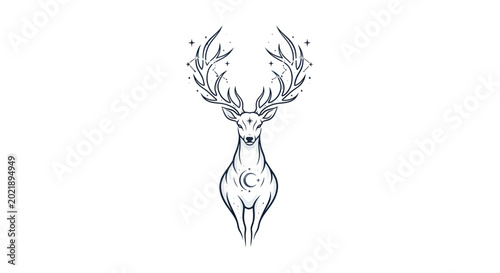 Photos Mystical Deer with Antlers like Branches, Moon Symbol on Chest, Stars and Cresce