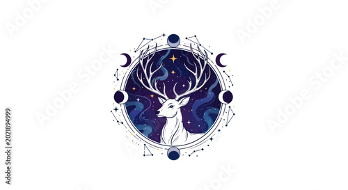 Bild auf Leinwand Mystical Deer Celestial Emblem with Moon Phases and Stars