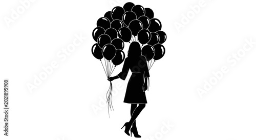 Silhouette of an elegant woman holding a large bunch of balloons
