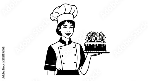 Female pastry chef in uniform holding a decorated cake