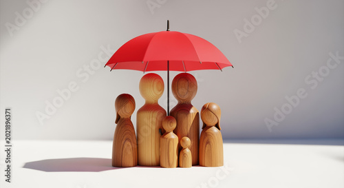 A conceptual stock image of wooden peg doll family figures protected beneath a vivid red umbrella