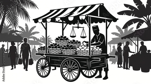 Black and white silhouette vector of a tropical mango market

Street vendor selling mangoes on a cart silhouette illustration

Tropical market scene with people and mango cart vector art