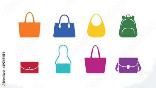 Colorful collection of various handbag and purse icons, illustrating different styles and uses for fashion accessories.