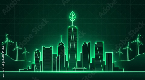 A futuristic cityscape at night with wind turbines and a neon green leaf on top of a skyscraper