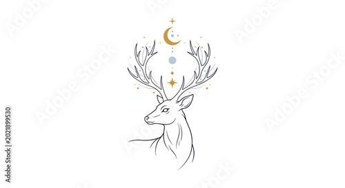 Фотография Mystical Deer with Crescent Moon and Stars - Celestial Antlers Illustration