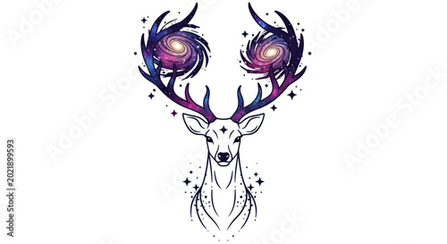 Картината върху платно Cosmic Deer Antlers Galaxy Swirls Stars Illustration