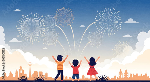 Children Watching Fireworks Display Over City Skyline.