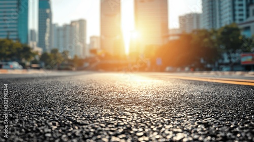 Close-up asphalt road perspective with bright sun shining through modern city skyscrapers in the background