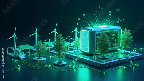 Green energy smart grid powering a sustainable future city concept with renewable technology and advanced storage solutions