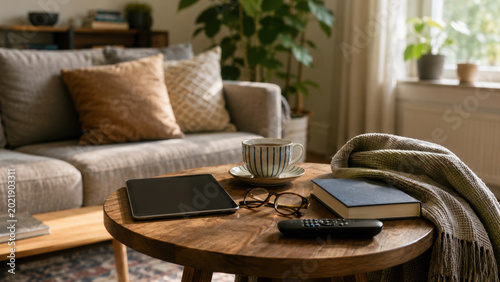 Cozy living room interior real life scene with sofa coffee table cup book tablet glasses remote and blanket showing calm warm home comfort