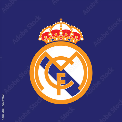 Real Madrid club logo design in flat style with blue background.