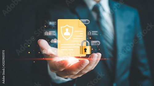 Securing Digital Information A Businessman Holding a Document with Security Icons and a Lock