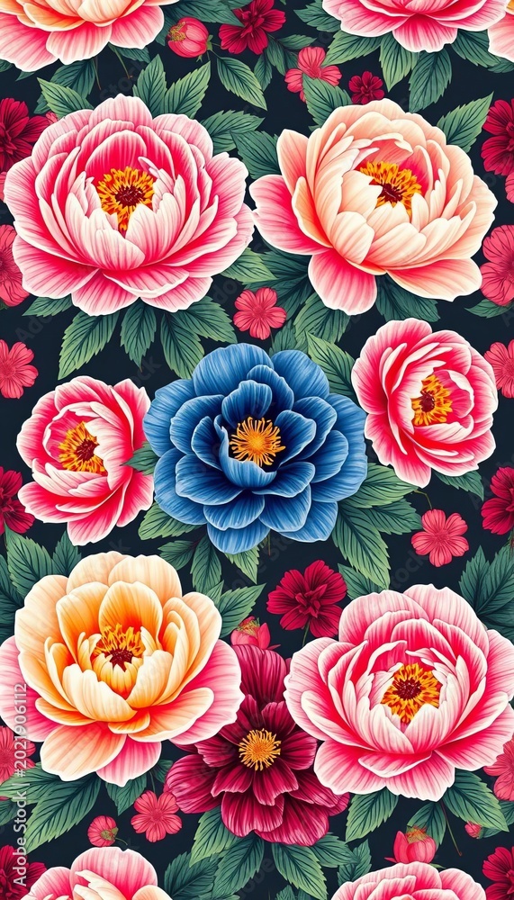 Seamless floral pattern featuring Japanese-inspired peony flowers in various colors, fabric, pattern