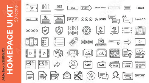 Homepage UI kit icon set containing website design, CTA, pricing, menu, gallery, blog, video, contact, and search editable line icons vector illustration collections