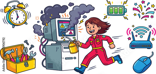 Quadro su tela Computer system breakdown and repair service vector illustration with female eng