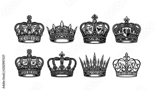 Professional royal crown illustration collection with ceremonial king queen and heraldic designs
