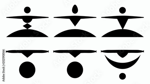 Six abstract, minimalist shapes, each composed of simple geometric forms, primarily black on white