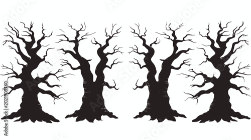 Black silhouettes of bare trees in a symmetrical composition.  Emphasizes barrenness and stark forms