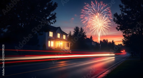 Suburban house with fireworks and light trails at dusk fourth of july celebration.
