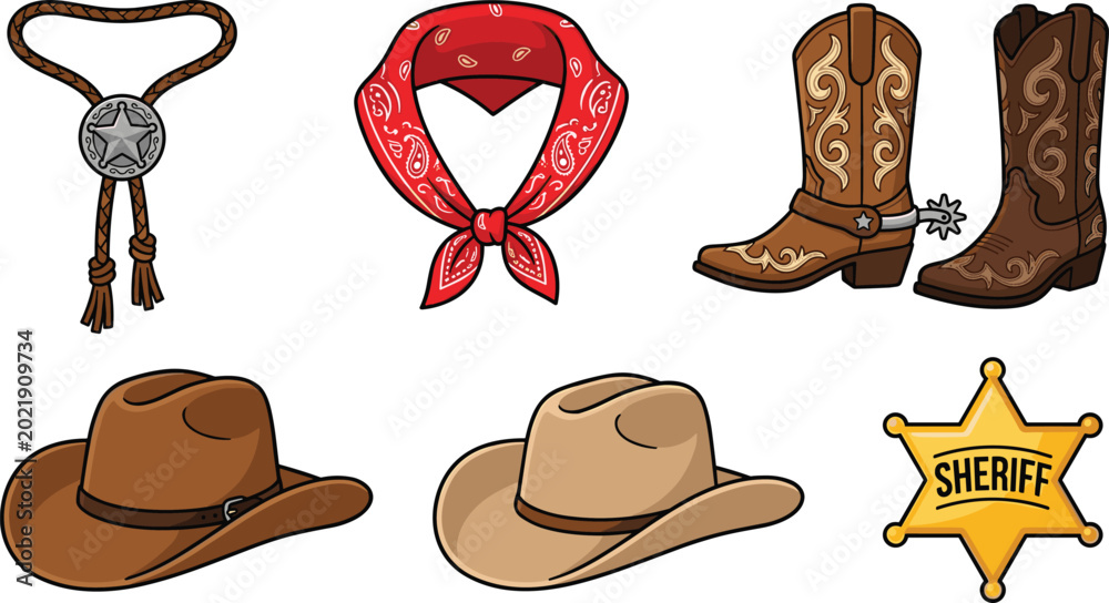 © MST - Wild West cowboy accessory vector set featuring leather boots with spurs, brown stetson hats, red paisley bandana, bolo tie, and gold sheriff badge star. © MST - Wild West cowboy accessory vector set featuring leather boots with spurs, brown stetson hats, red paisley bandana, bolo tie, and gold sheriff badge star.