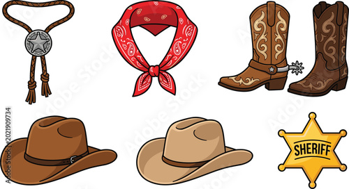 Fotografija Wild West cowboy accessory vector set featuring leather boots with spurs, brown stetson hats, red paisley bandana, bolo tie, and gold sheriff badge star