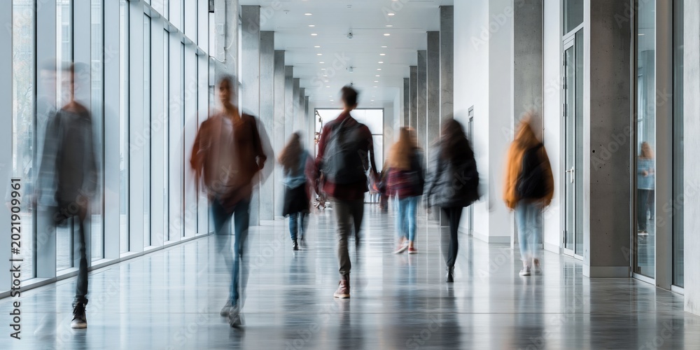 Fototapeta premium Blurry motion of diverse students walking down a modern university hallway with large windows