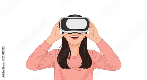 Happy woman wearing virtual reality headset experiencing gaming