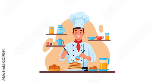 Professional cook serving sweet pancakes with syrup in a restaurant