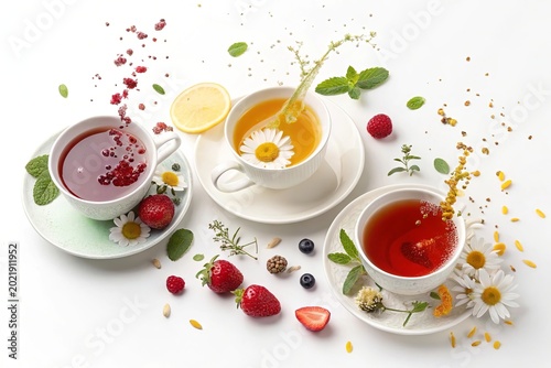Elegant fruit tea composition featuring strawberries, lemon and botanical herbal infusions with isolated white background.