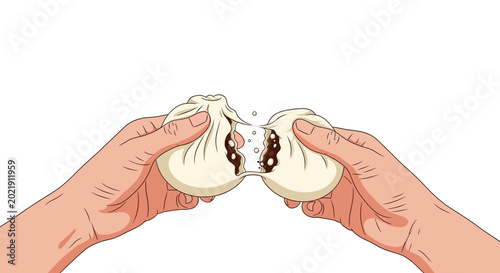Hands pulling apart steamed bun with sweet filling